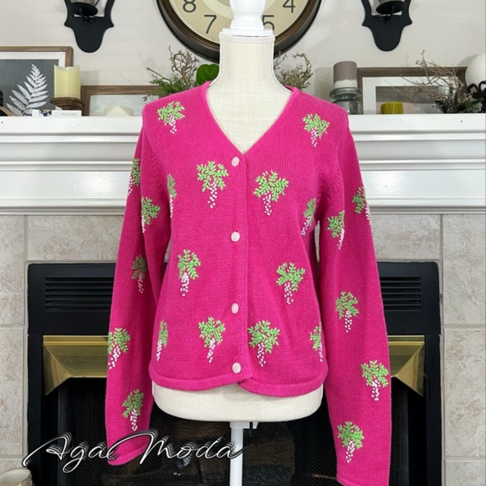 Lilly Pulitzer Pink Cardigan with Green Floral Design